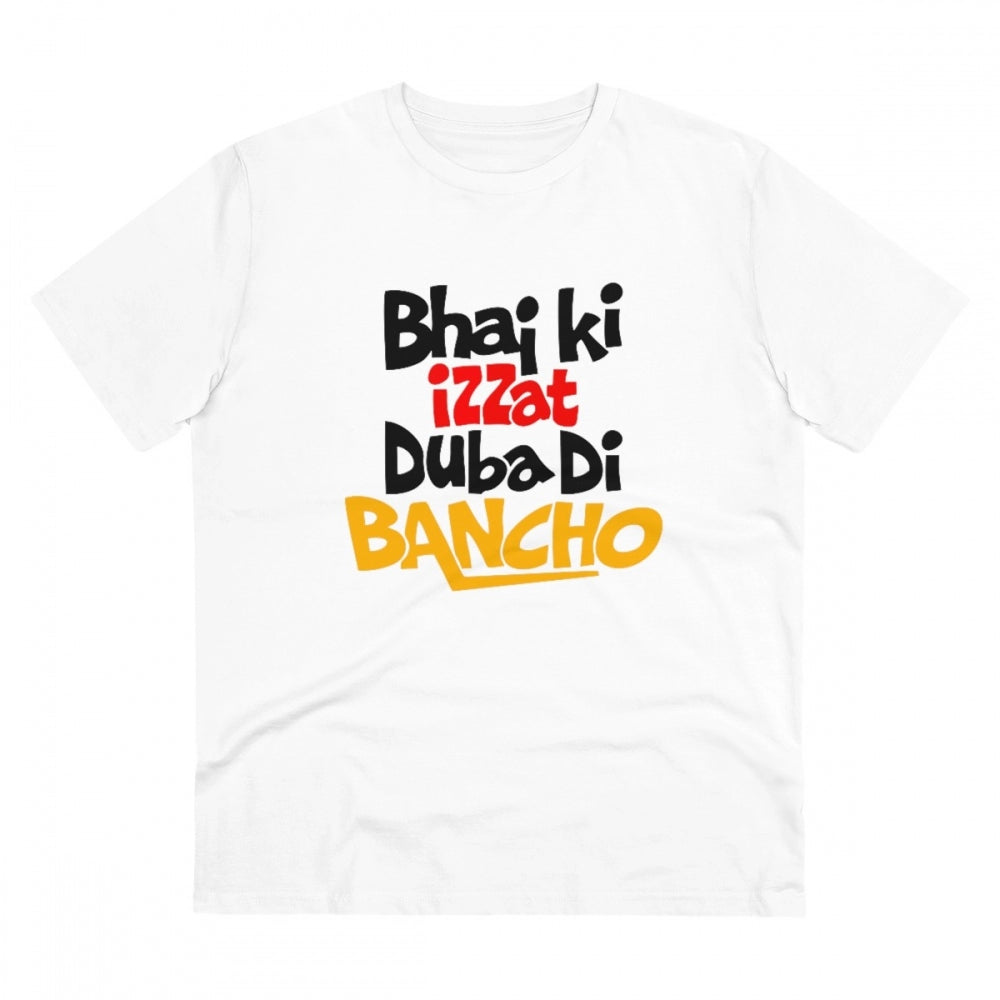 White PC Cotton Men's Bhai Ki Izzat Dubadi Bancho Printed Half Sleeve T-Shirt (180GSM)