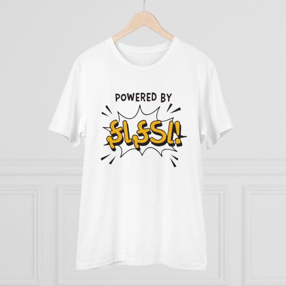 White PC Cotton Powered Bt Fafda Printed Men's Half Sleeve T-Shirt (180GSM), casual wear on mannequin