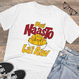 White PC Cotton Bhai Nasto Lai Aav printed men's half-sleeve T-shirt (180GSM) for casual occasions