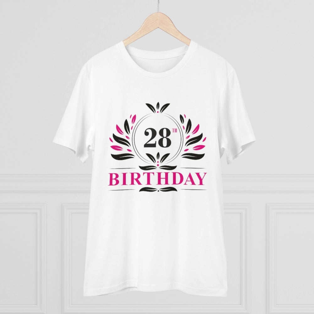 White PC Cotton men's 28th Birthday printed half sleeve round neck T-shirt (180GSM)