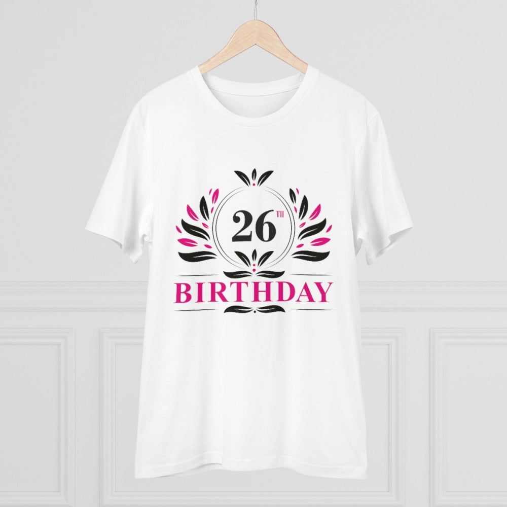 White PC Cotton Men's 26th Birthday Printed Half Sleeve T-Shirt (180GSM), casual occasion wear on mannequin
