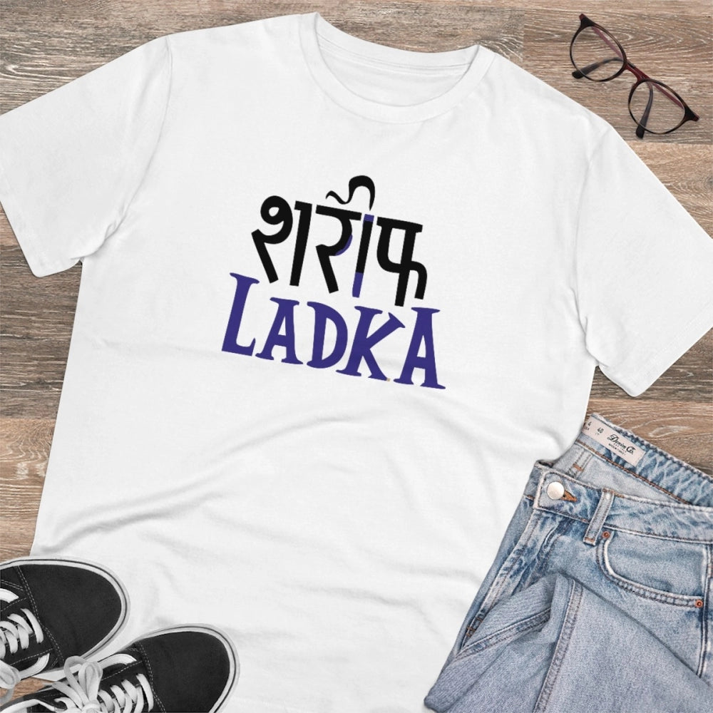 White PC Cotton Sarif Ladka Printed Men's T-Shirt (180GSM), casual wear half sleeve round neck style