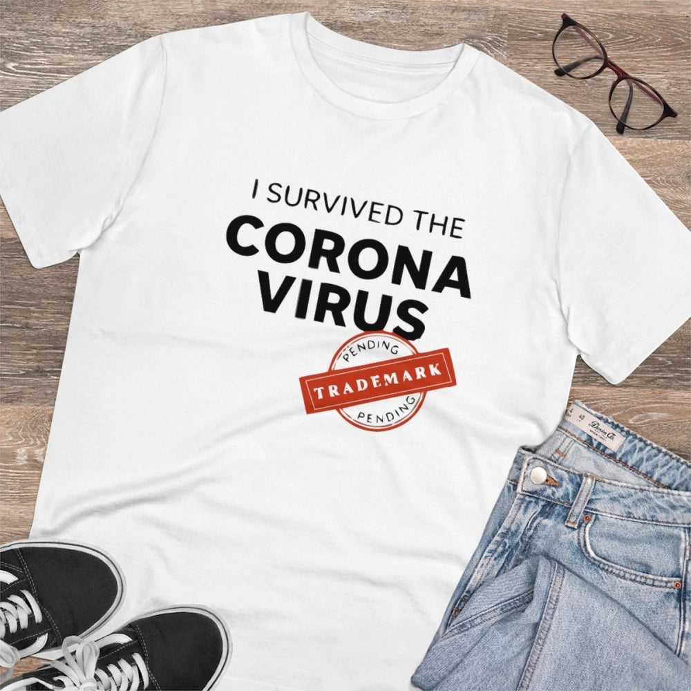 Men's white PC Cotton I Survived Corona Virus printed half-sleeve T-shirt (180GSM), round neck, casual occasion