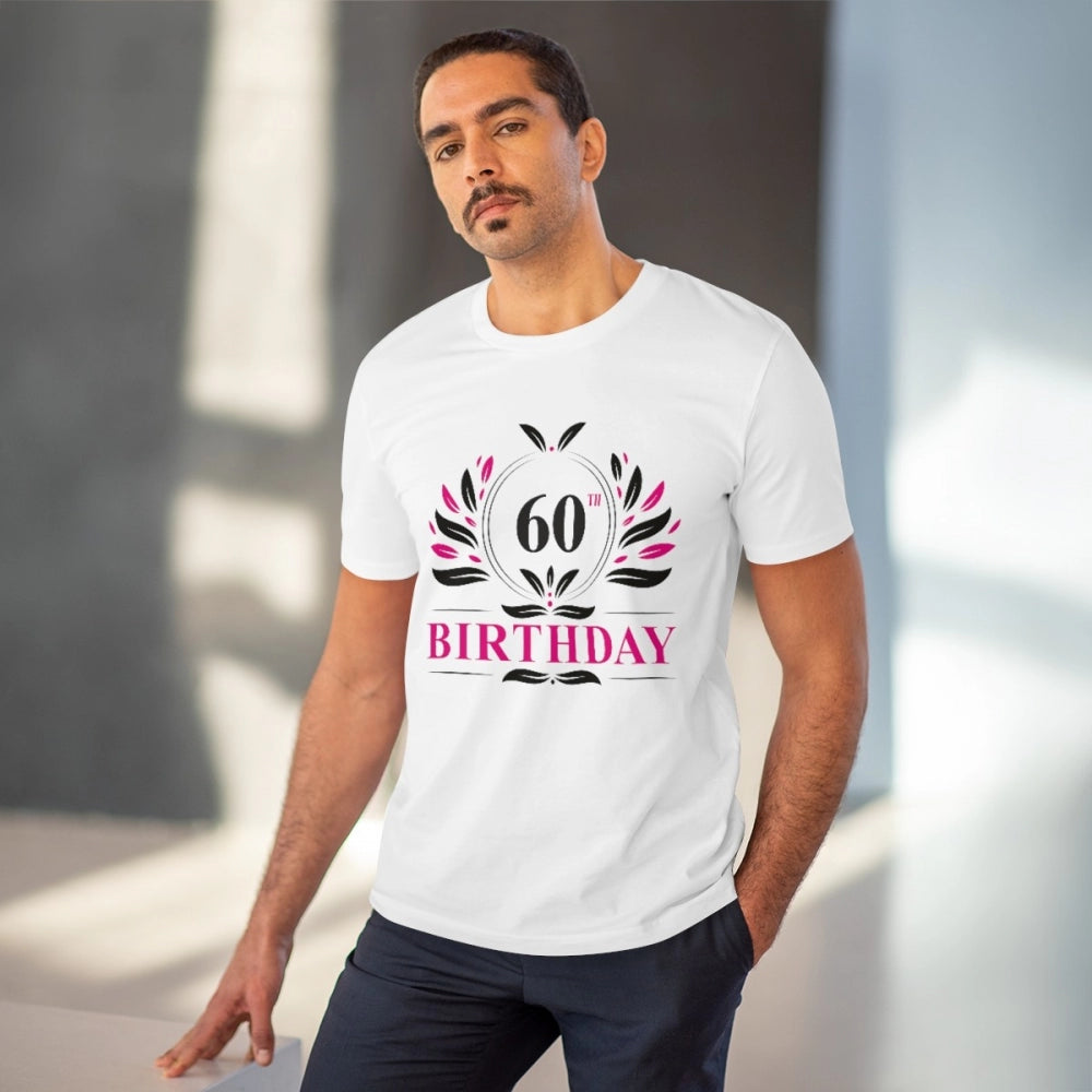 White PC cotton men's 60th birthday half sleeve t-shirt with round neck, 180GSM thread count