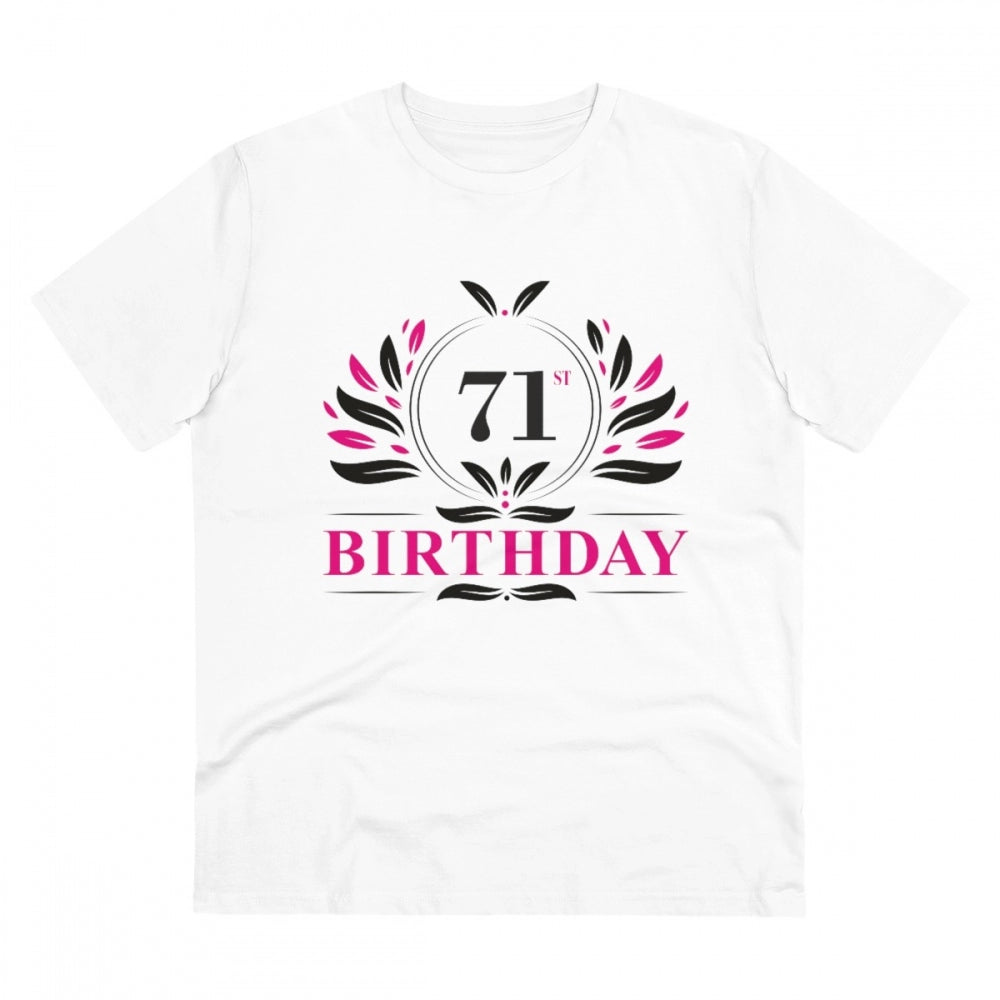 White PC Cotton 71st Birthday Printed Men's T-Shirt with half sleeves, round neck, 180GSM thread count for casual occasions