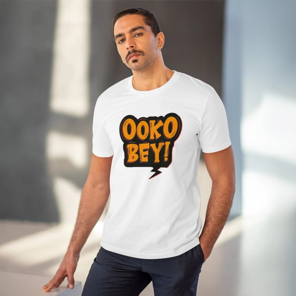 White PC Cotton Telugu Design Half Sleeve Men's T-shirt, 180GSM thread count for casual occasions