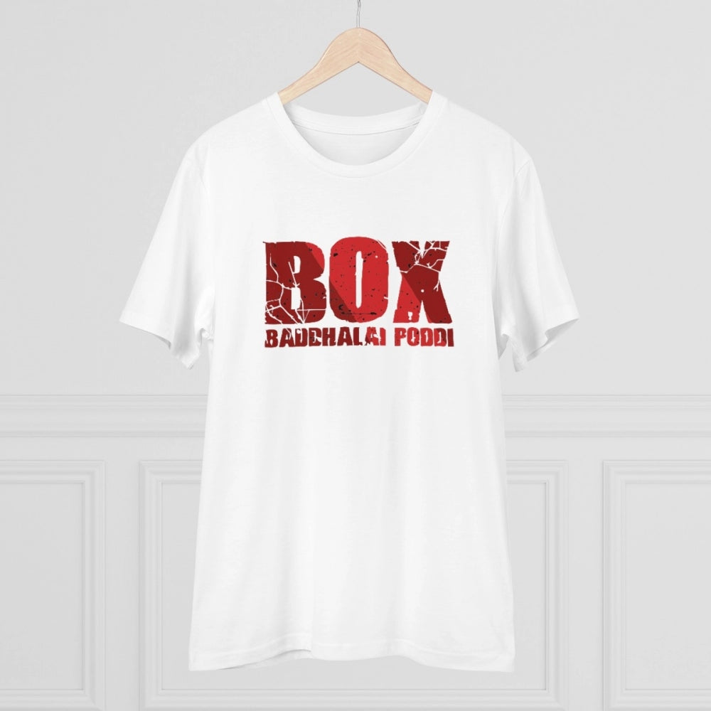 White PC Cotton Men's Telugu Design Half Sleeve T-Shirt (180GSM), casual wear with vibrant print detail