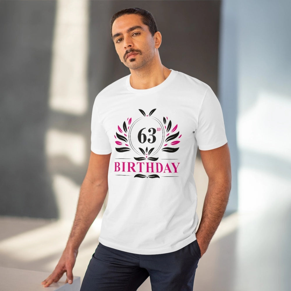 White PC Cotton 63rd Birthday printed half sleeve T-shirt for men, casual occasion
