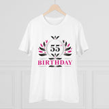 White PC Cotton Men's 55th Birthday Printed Half Sleeve T-Shirt with round neck on display, perfect for casual occasions