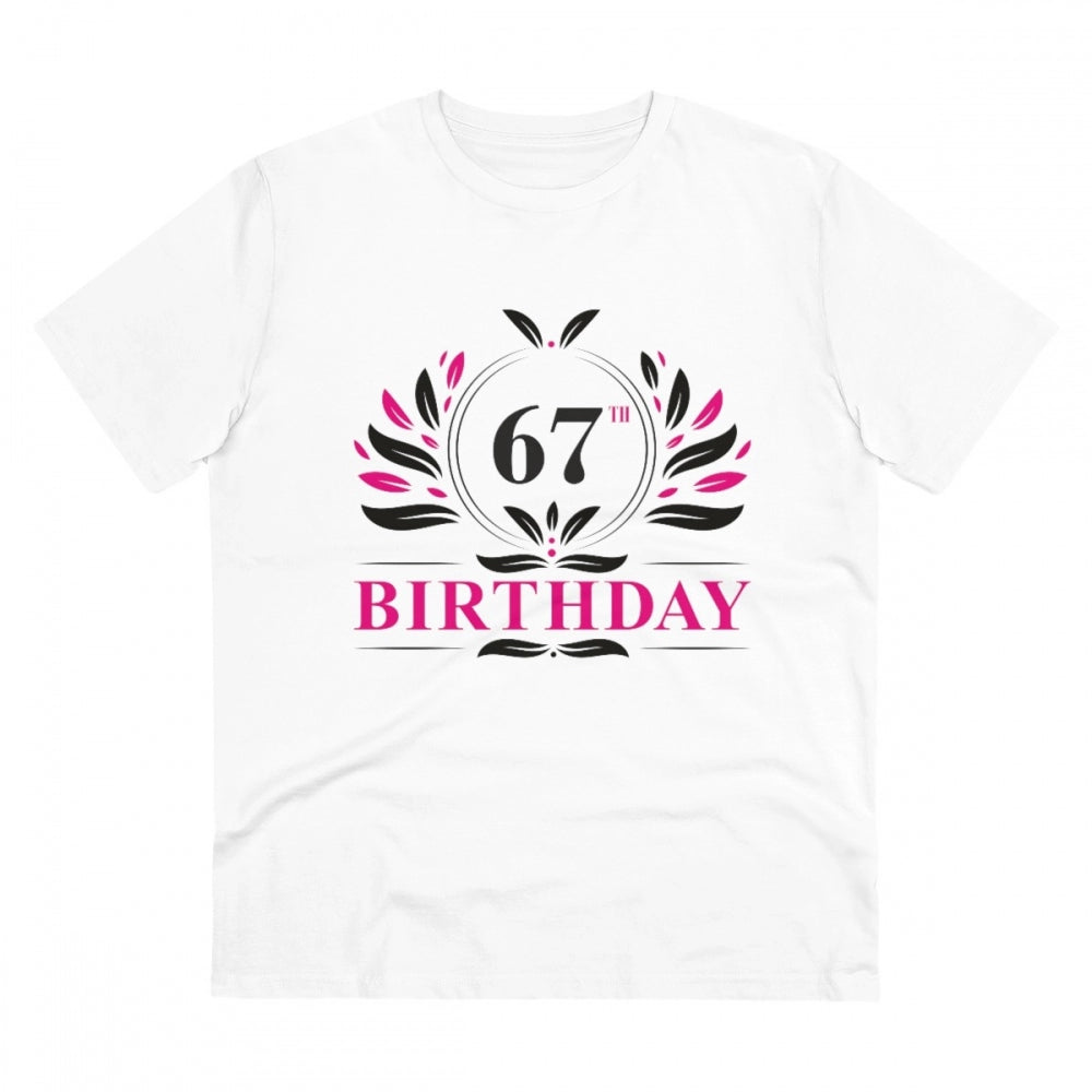 White PC Cotton Men's 67th Birthday Printed Half Sleeve T-Shirt (180GSM) for casual occasions, showcasing birthday design on round neck
