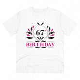 White PC Cotton Men's 67th Birthday Printed Half Sleeve T-Shirt (180GSM) for casual occasions, showcasing birthday design on round neck