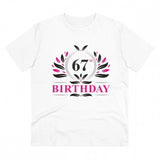White PC Cotton Men's 67th Birthday Printed Half Sleeve T-Shirt (180GSM) for casual occasions, showcasing birthday design on round neck