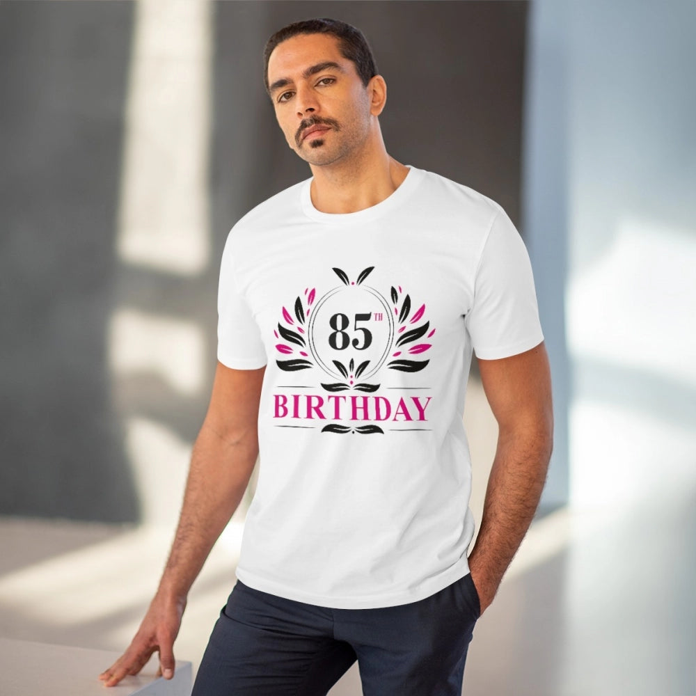 White PC Cotton 85th Birthday Printed T-Shirt for Men, half sleeve with round neck, 180GSM thread count