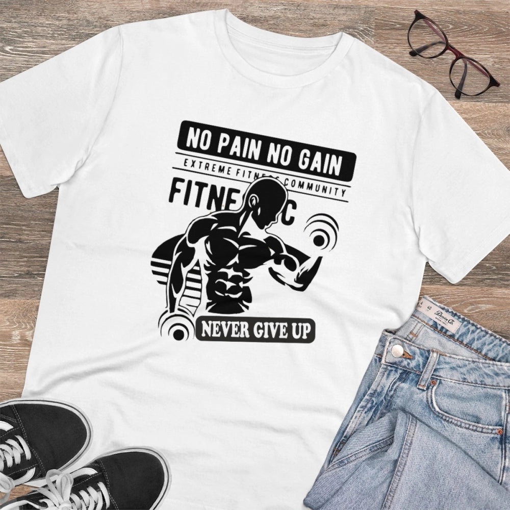 Men's white PC cotton Gym "No Pain No Gain Never Give Up" printed half-sleeve T-shirt, 180GSM thread count for casual wear