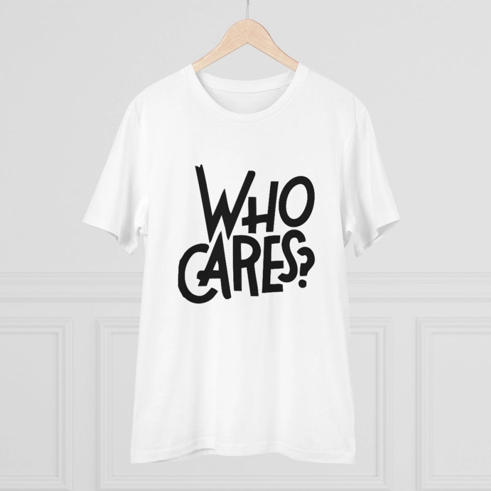 White PC Cotton Who Cares printed men's T-shirt (180GSM), casual wear half sleeve round neck style