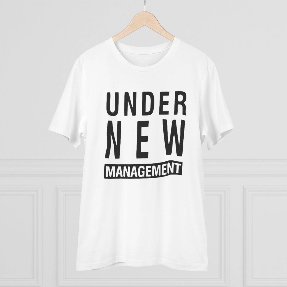 White PC cotton 'Under New Management' design printed men's t-shirt, half sleeve, round neck on clothing rack
