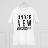White PC cotton 'Under New Management' design printed men's t-shirt, half sleeve, round neck on clothing rack