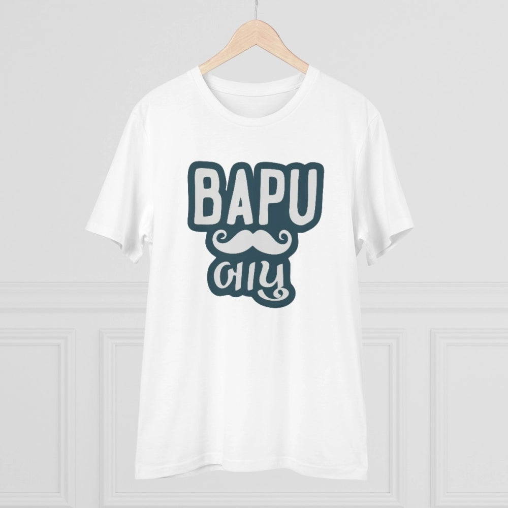 White PC Cotton Baapu Printed Men's T-Shirt, half sleeve round neck, 180GSM thread count for casual wear