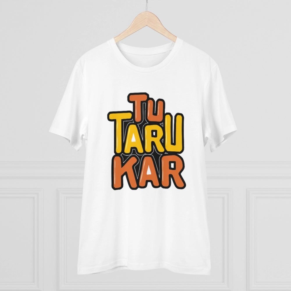 White PC Cotton Tu Taru Kar Printed Men's T-Shirt (180GSM), casual wear with half sleeves on display