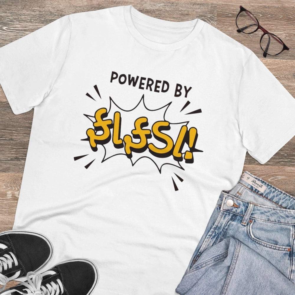 White PC Cotton Powered Bt Fafda Printed Men's T-Shirt (Half Sleeve, Round Neck), 180GSM thread count for casual occasions