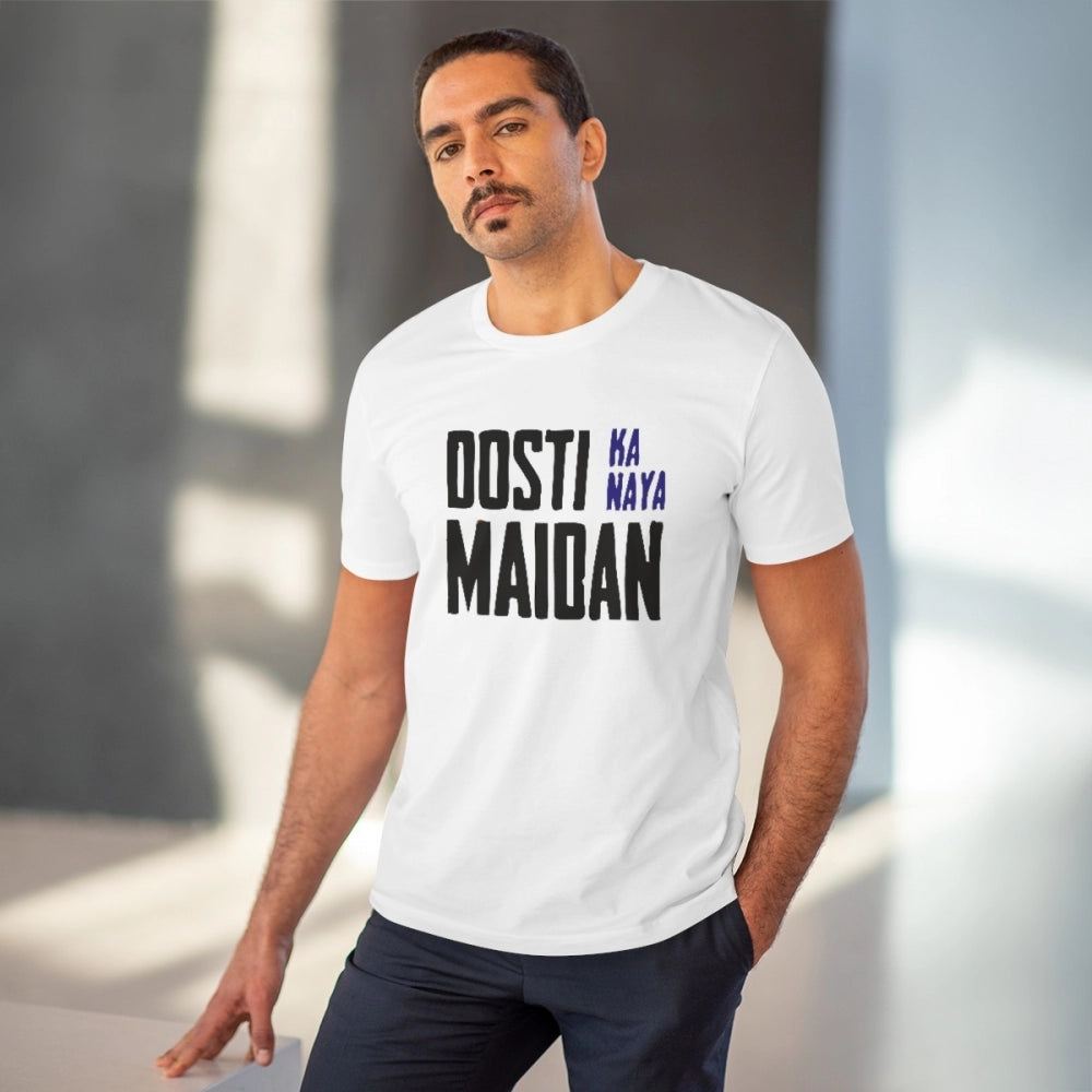White PC Cotton Dosti Ka Naya Maidan printed men's casual t-shirt with half sleeves on display