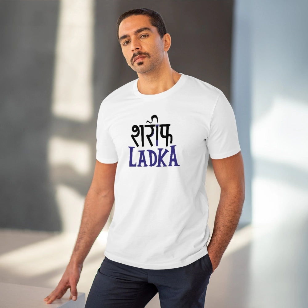 White PC Cotton Sarif Ladka Printed Men's T-Shirt (180GSM), casual wear with half sleeve and round neck