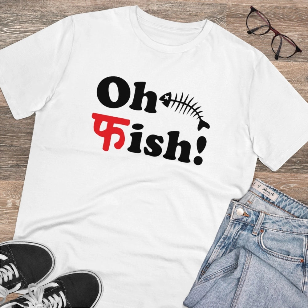 White PC Cotton Men's Oh Fish Printed Half Sleeve T-Shirt (180GSM), casual wear fashionable tee with distinctive fish design on front