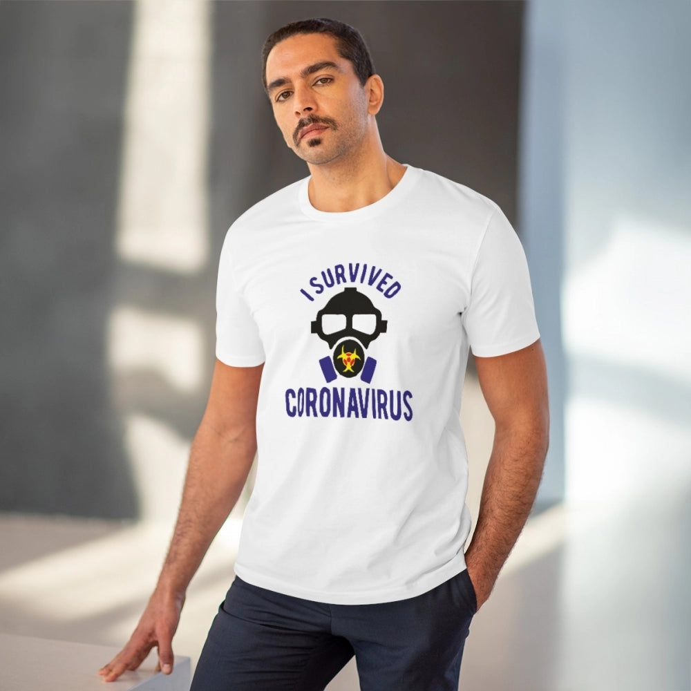 White PC Cotton "I Survived Coronavirus" T-shirt (180GSM), men's casual wear with half sleeves and round neck