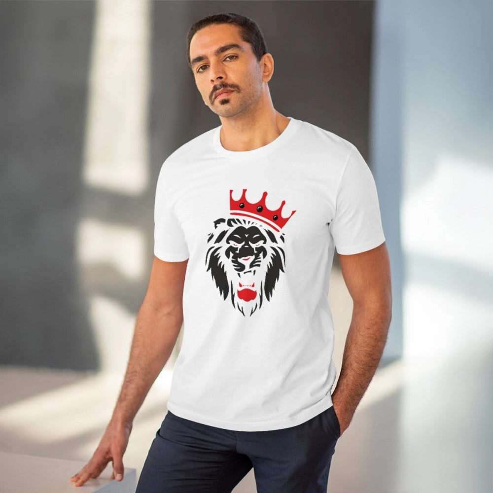 White PC cotton men's t-shirt with lion logo print, half sleeve, round neck, 180GSM for casual occasions