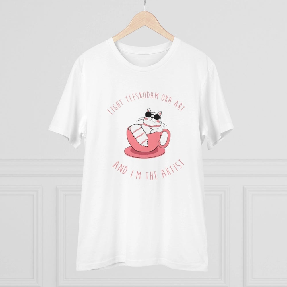 White PC Cotton Telugu Design Men's Half Sleeve T-Shirt, 180GSM thread count for casual wear