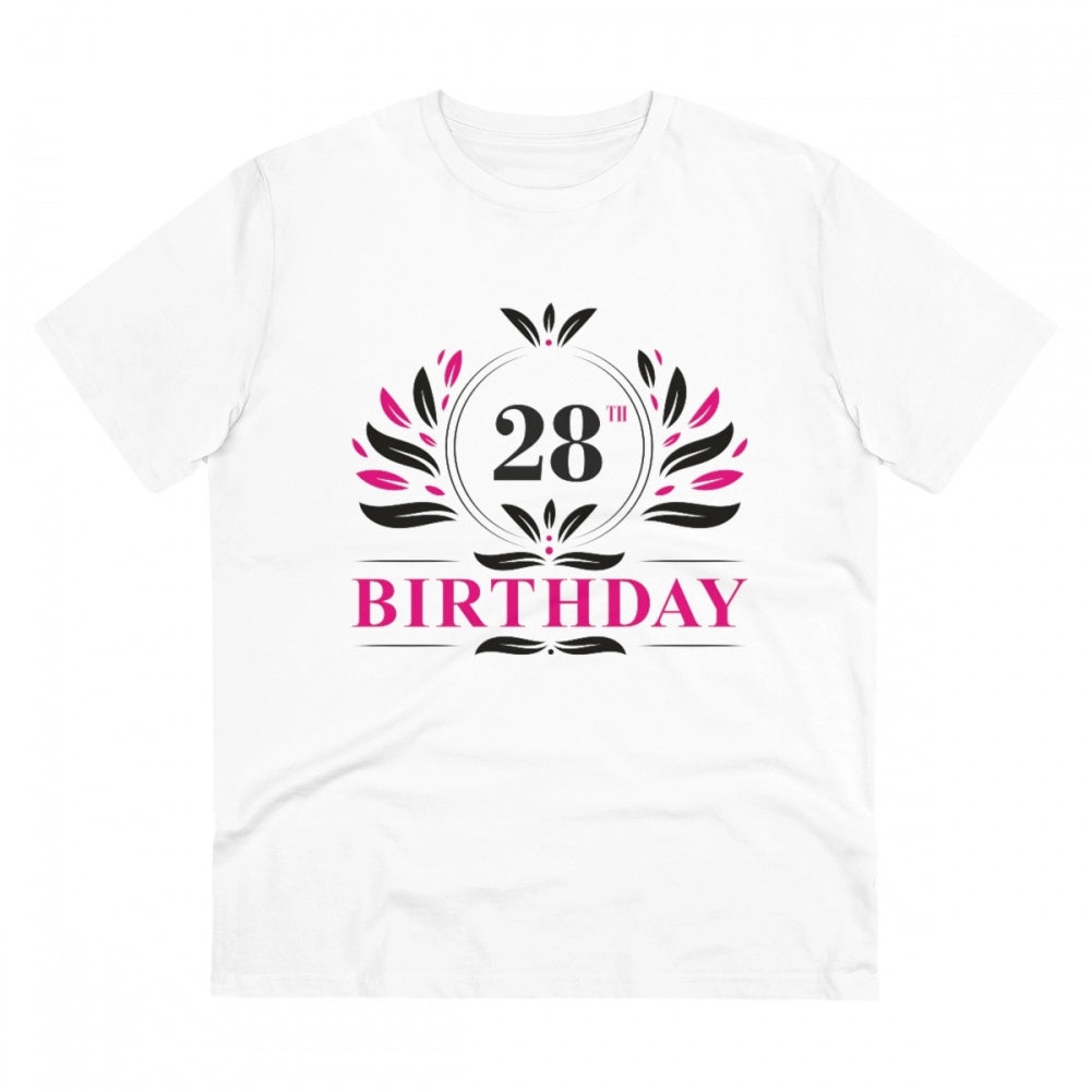 White PC cotton 28th birthday printed half-sleeve t-shirt for men, round neck, high thread count (180GSM)