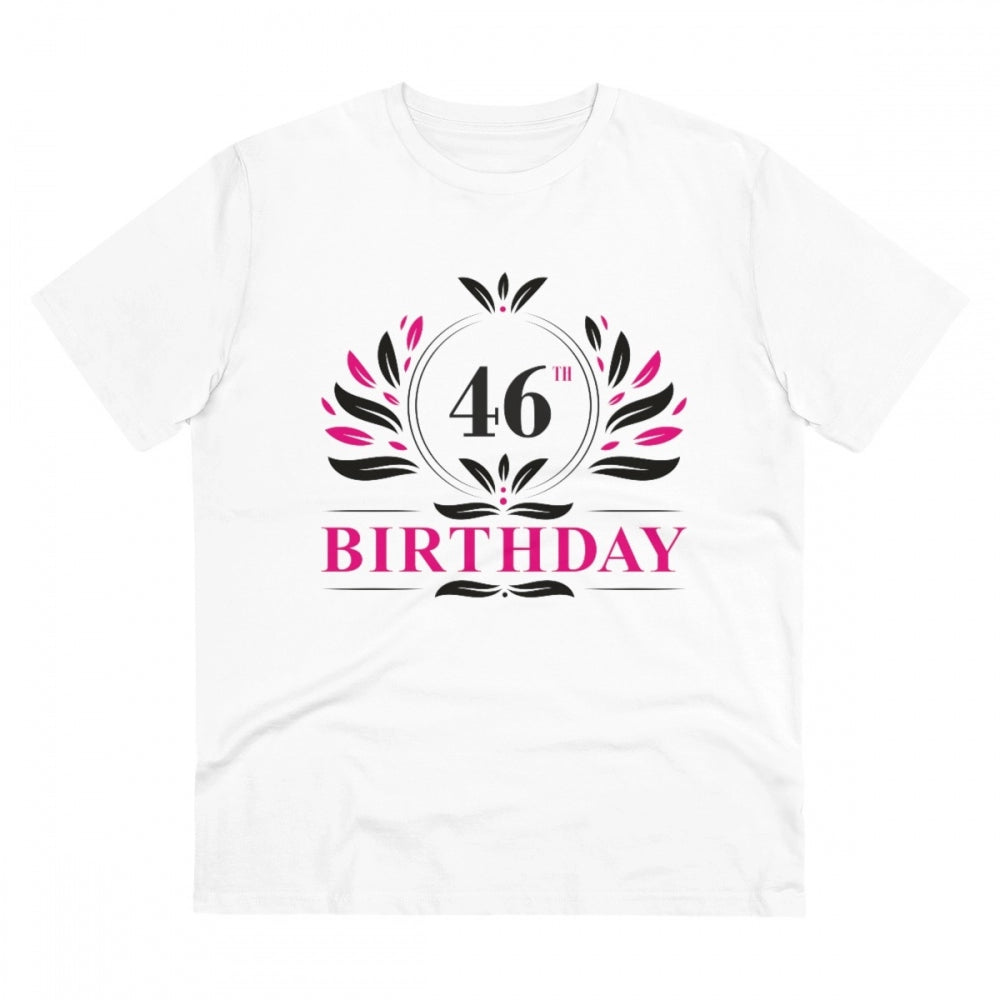 White PC Cotton 46th Birthday printed men's t-shirt with half sleeves and round neck, 180GSM thread count