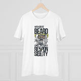 White PC Cotton T-shirt with 'With Great Beard Comes' print for men, half sleeve, round neck