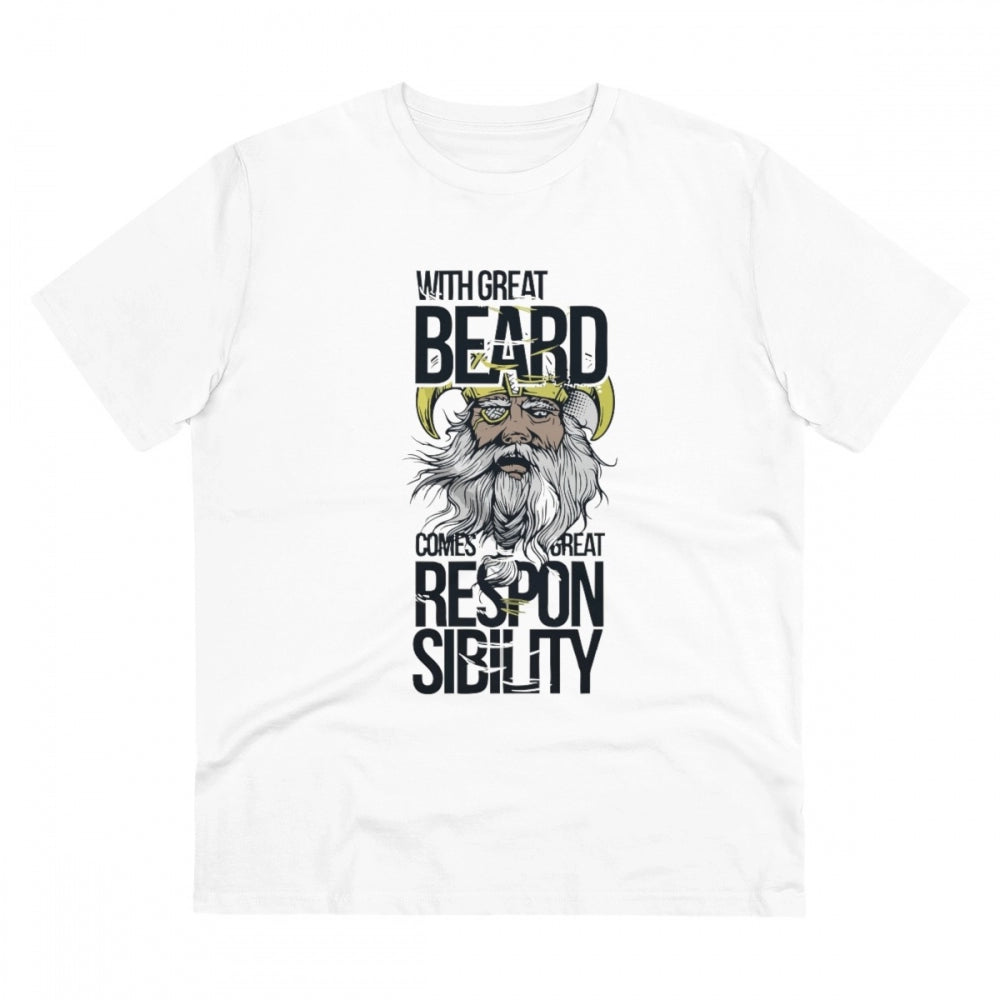 White PC Cotton T-shirt for men featuring 'With Great Beard Comes' design, 180GSM thread count, half sleeve, round neck. Casual wear