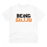 White PC Cotton Being Gujju Printed Men's T-Shirt, half sleeve casual wear on a mannequin