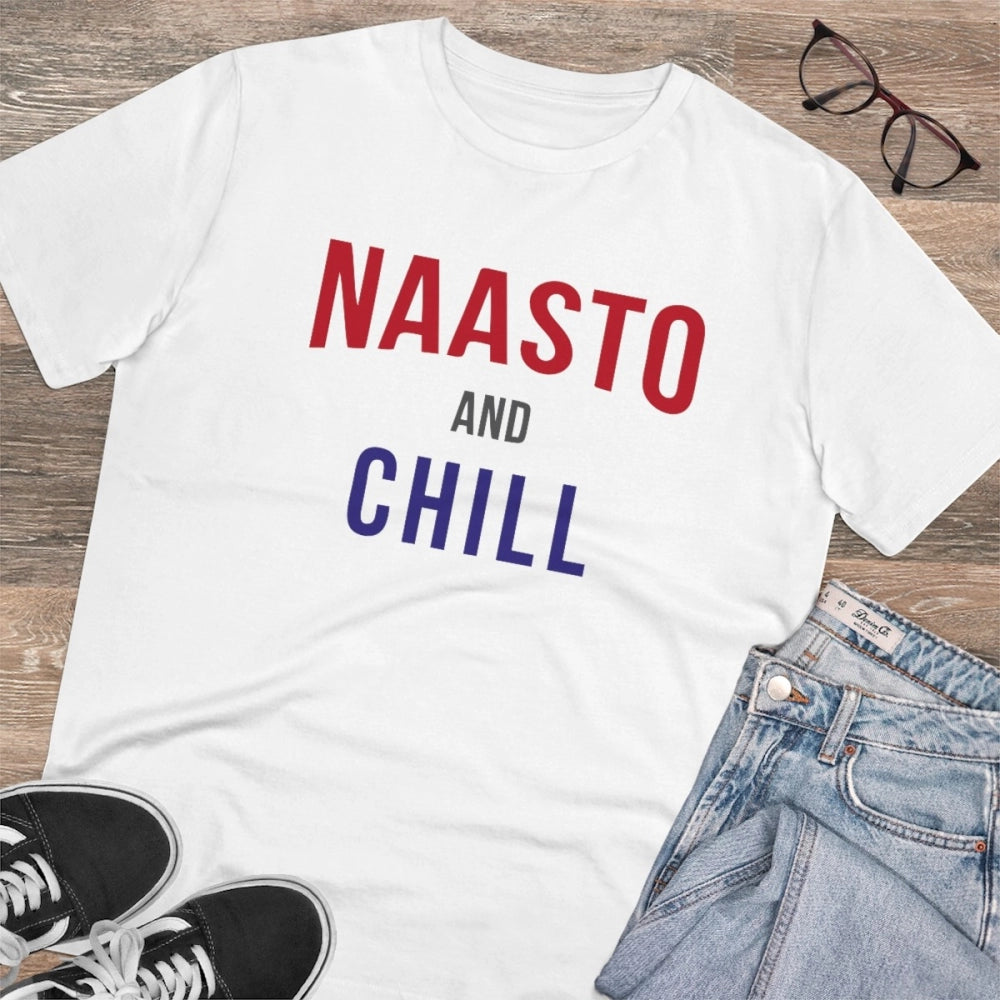 White PC Cotton Nasto And Chill printed men's half sleeve T-shirt (180GSM), casual occasion wear