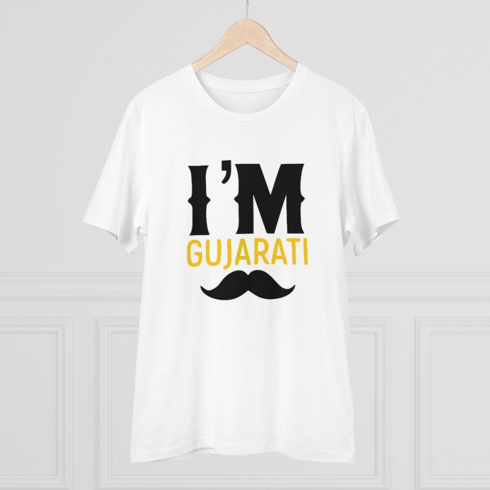 White PC Cotton Men's I Am Gujarati Printed Half Sleeve T-Shirt (180GSM), casual occasion clothing on model
