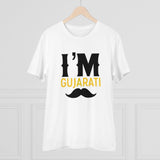 White PC Cotton Men's I Am Gujarati Printed Half Sleeve T-Shirt (180GSM), casual occasion clothing on model