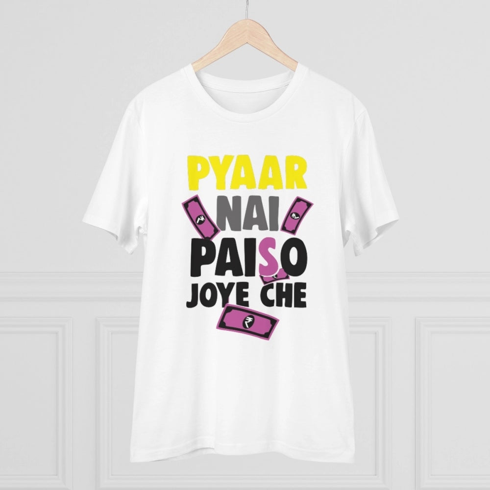White PC Cotton Pyaar Nay Paisa Joy Che Printed T-Shirt (180GSM), men's casual wear half-sleeve round neck t-shirt