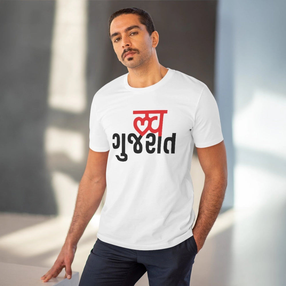 White PC Cotton Men's Love Gujarati Printed Half Sleeve T-Shirt (180GSM), casual wear on model