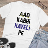 White PC Cotton Aao Kabhi Haveli Pe Printed Men's T-Shirt (180GSM), half sleeve round neck, casual wear
