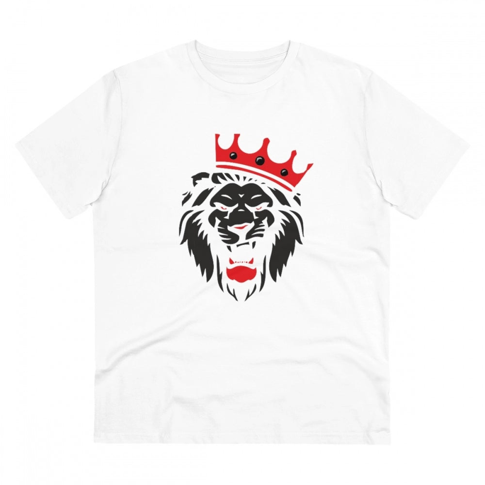 White PC cotton men's T-shirt with lion logo print, half sleeve and round neck, casual occasion
