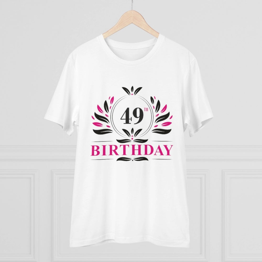 White PC Cotton Men's 49th Birthday Printed Half-Sleeve T-Shirt (180GSM) on display, casual wear for special occasions