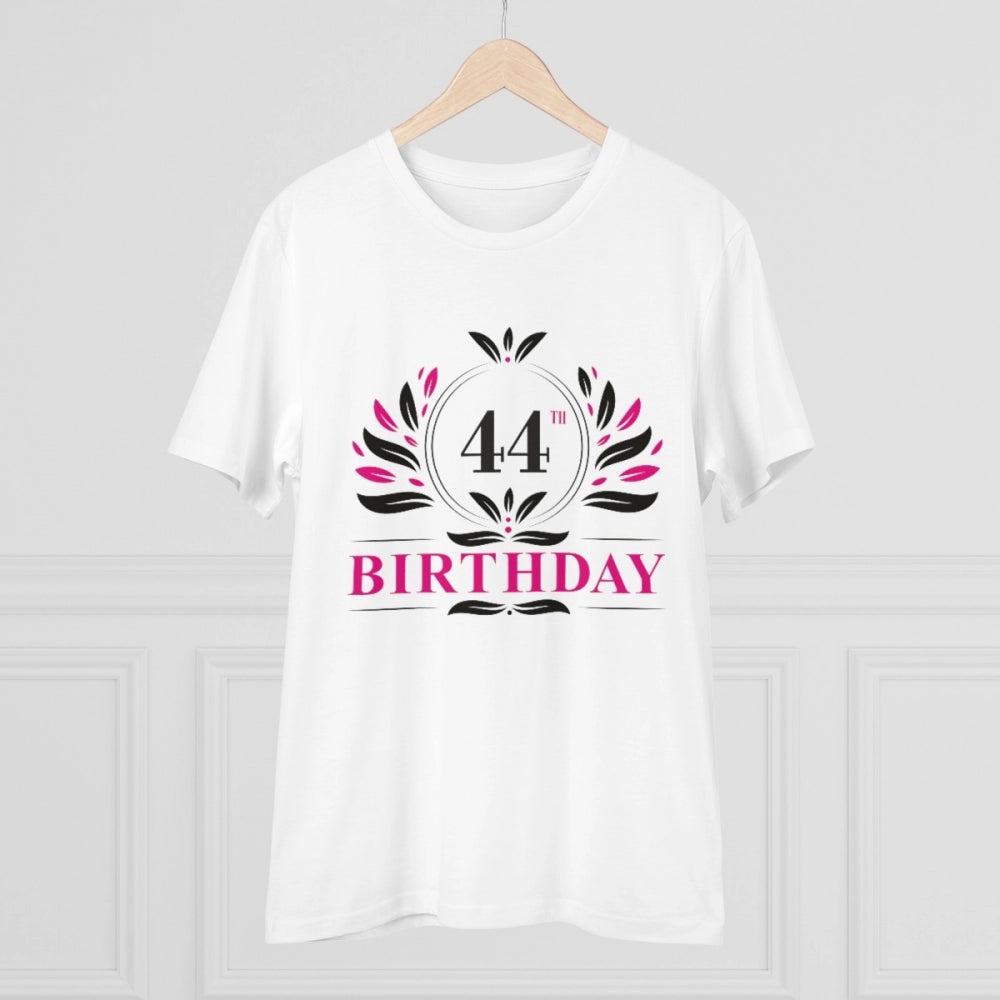 White PC Cotton Men's 44th Birthday Printed Half-Sleeve T-Shirt (180GSM), casual occasion wear on display