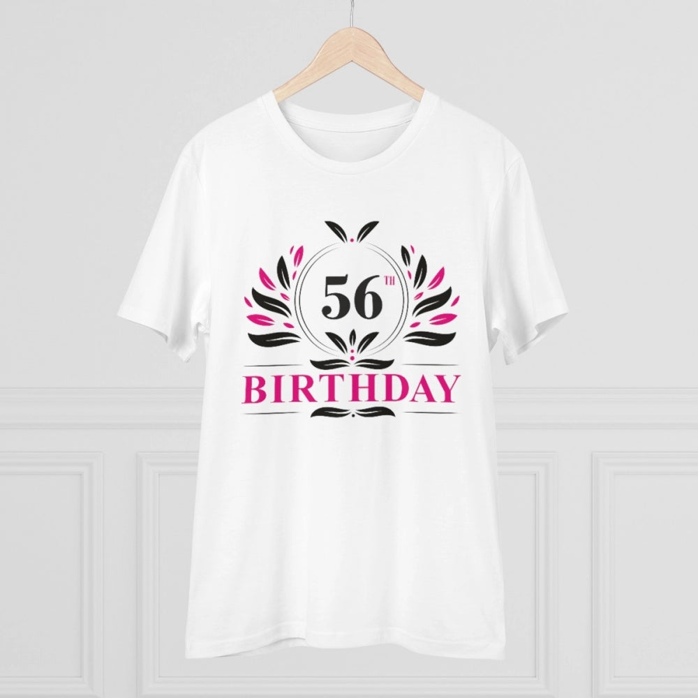 White PC Cotton 56th Birthday Printed T-Shirt (Half Sleeve, Round Neck), men's casual wear on model