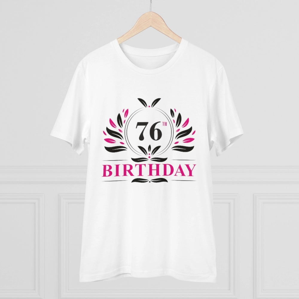 White PC cotton 76th birthday printed half sleeve t-shirt for men's casual occasion (180GSM thread count)