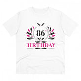 White PC Cotton Men's 86th Birthday Printed T-Shirt (Half Sleeve, Round Neck) on display, 180GSM thread count