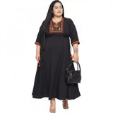 Black polyester fit-and-flare dress for women, 3/4 sleeve, round neckline on casual occasion
