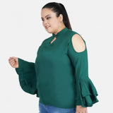 Green crepe women's casual bell sleeve top for everyday wear, ideal for a relaxed daytime look