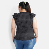 Black crepe women's casual flutter sleeve polka print top for women's everyday wear